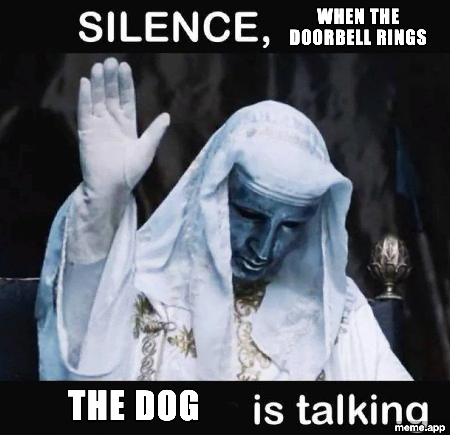 Silence Is Talking meme about the dog demanding silence when the doorbell rings
