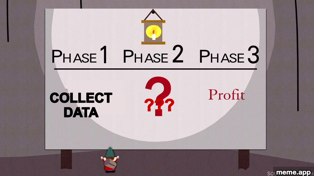 South Park Underpants Gnomes meme with phase 1 collect data and phase 2 being a mystery