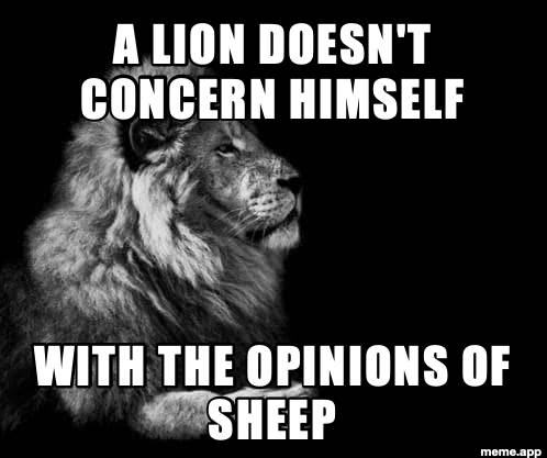 Majestic black and white lion portrait with caption "A Lion Doesn't Concern Himself With the Opinions of Sheep"