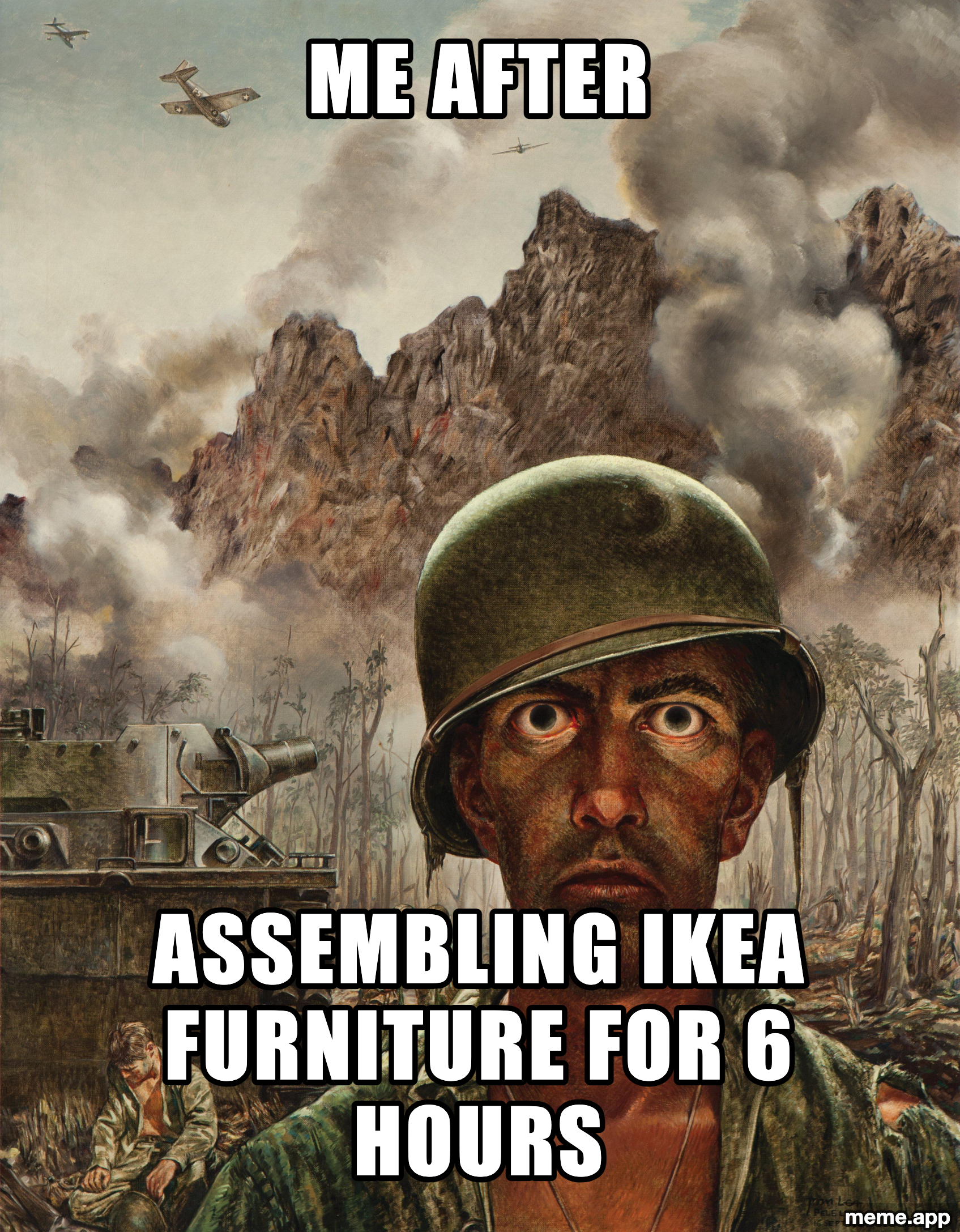 Thousand Yard Stare meme about being destroyed by 6 hours of IKEA furniture assembly