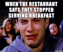 Animated Tobey Maguire crying GIF meme about being told breakfast is no longer being served
