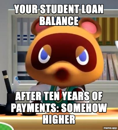 Tom Nook meme about student loan balance being higher after ten years of payments