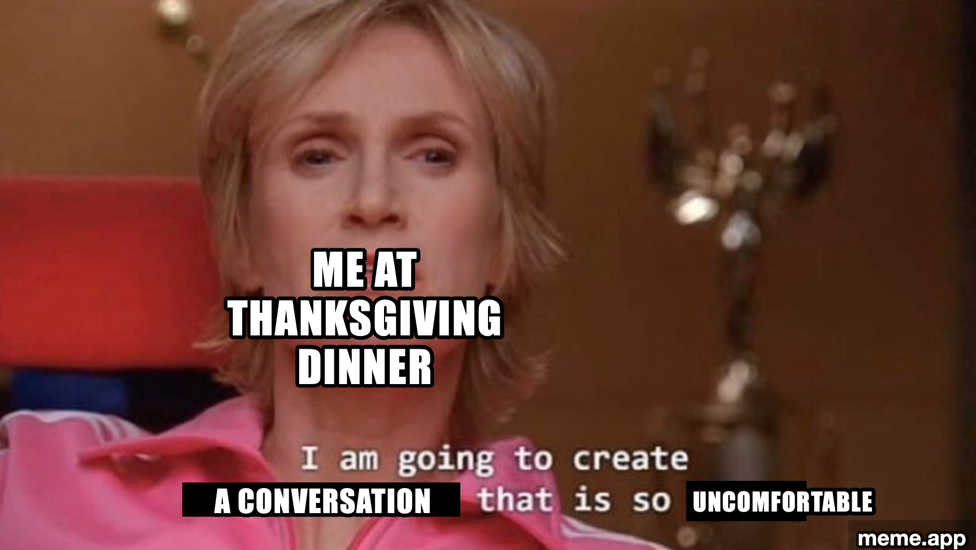 Sue Sylvester from Glee looking directly at camera with three caption panels reading: ME JOINING THE FAMILY GROUP CHAT / WITH MY CONTROVERSIAL FOOD TAKE / CEREAL IS A SOUP