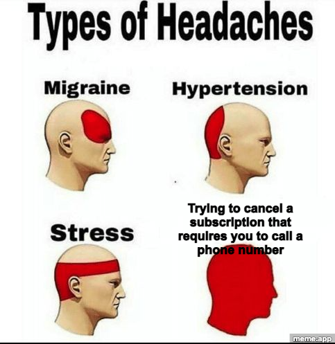 Types of Headaches meme where the worst headache is trying to cancel a subscription by phone