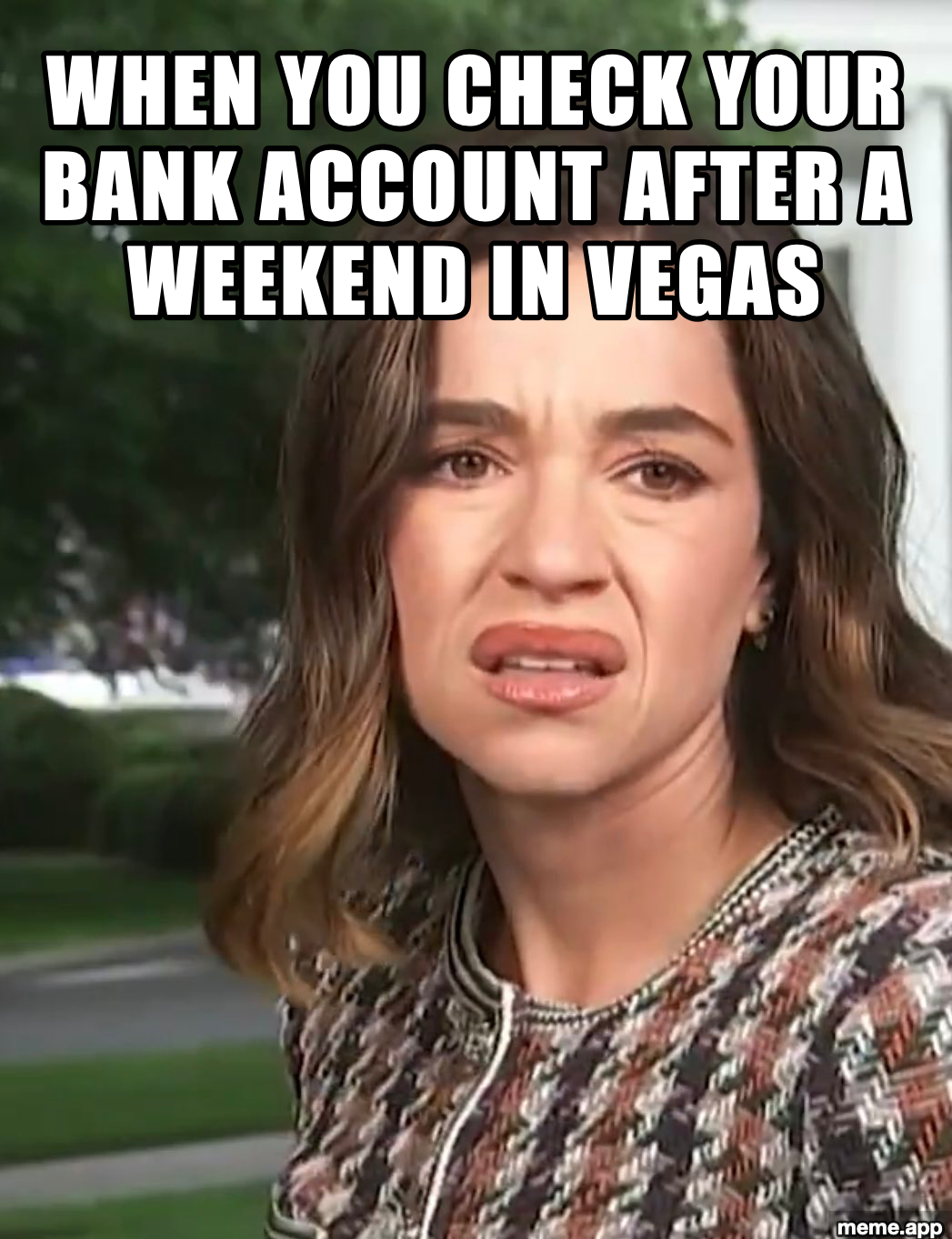 What Is That reporter meme reacting to a bank account after a weekend in Vegas