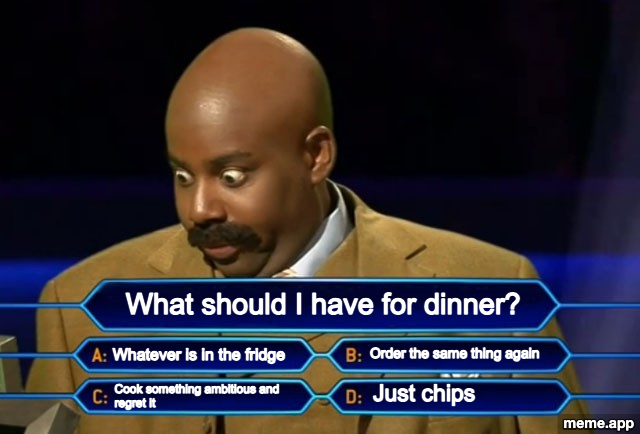 Who Wants To Be A Millionaire meme asking what to have for dinner with four relatable answers