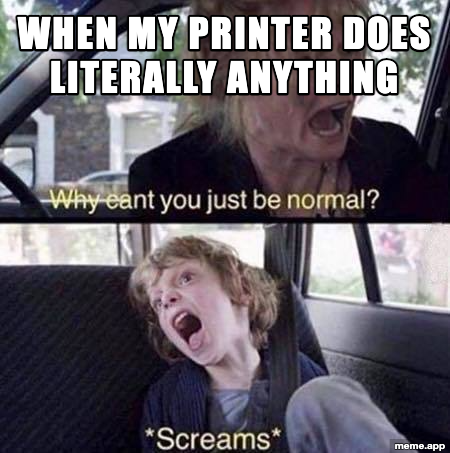 Why Can't You Just Be Normal captioned meme about a printer refusing to cooperate