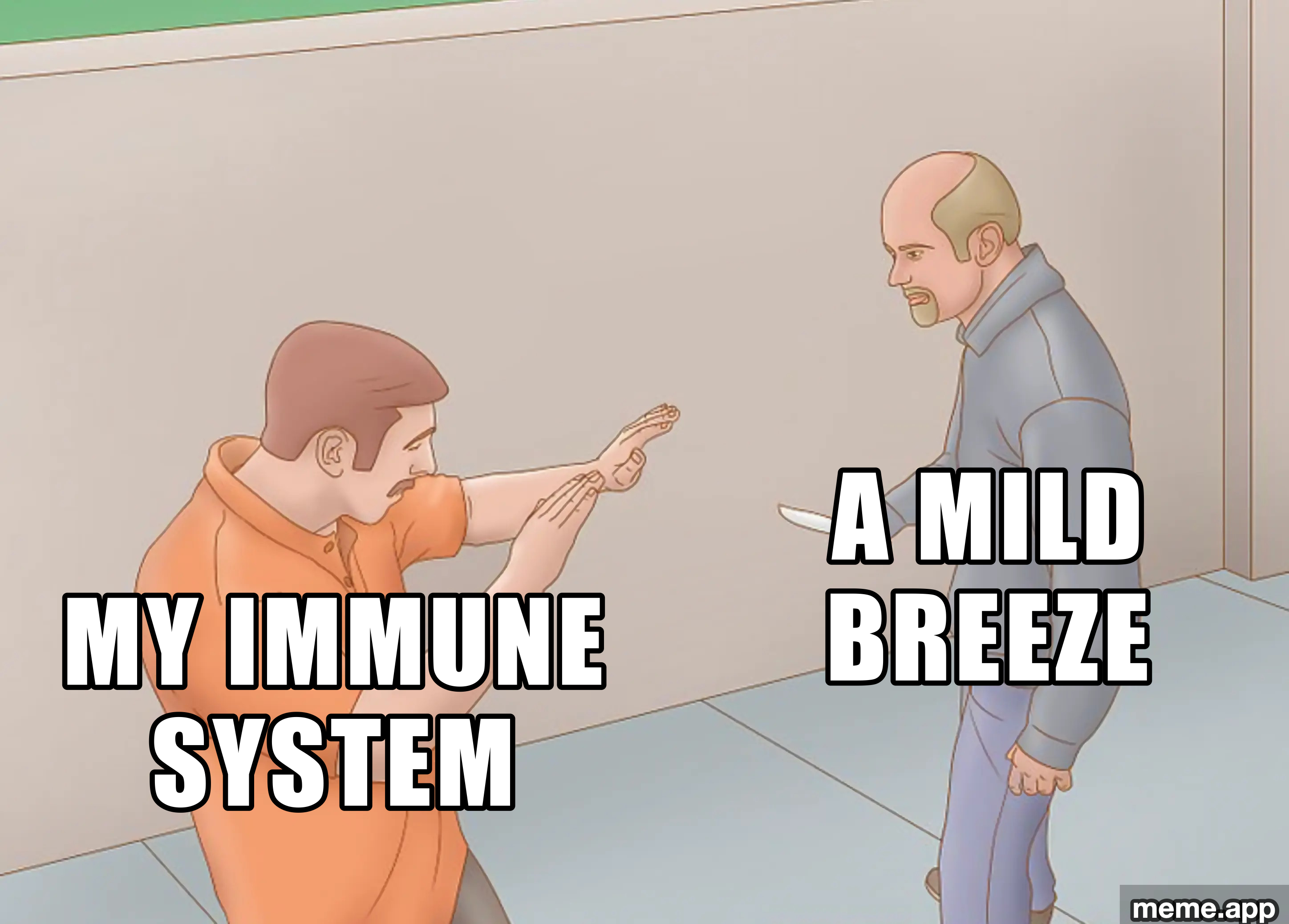 WikiHow Knife Defense meme with immune system defending against a mild breeze