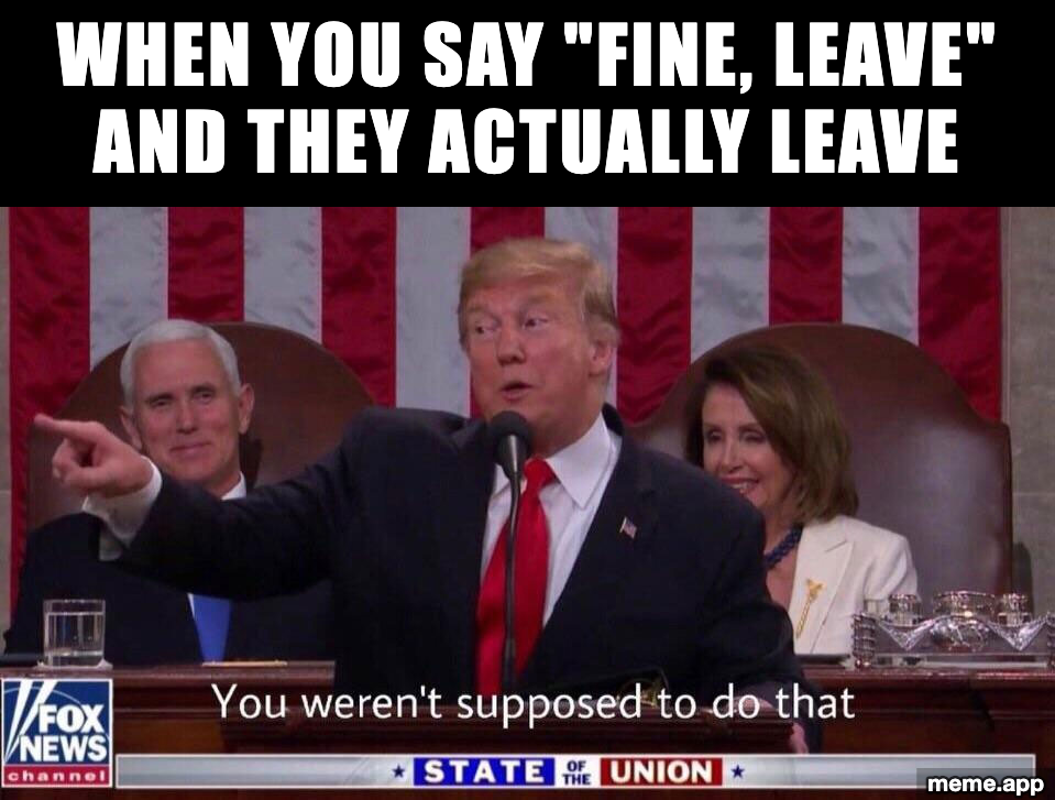 You Weren't Supposed To Do That meme about saying "fine, leave" and them actually leaving