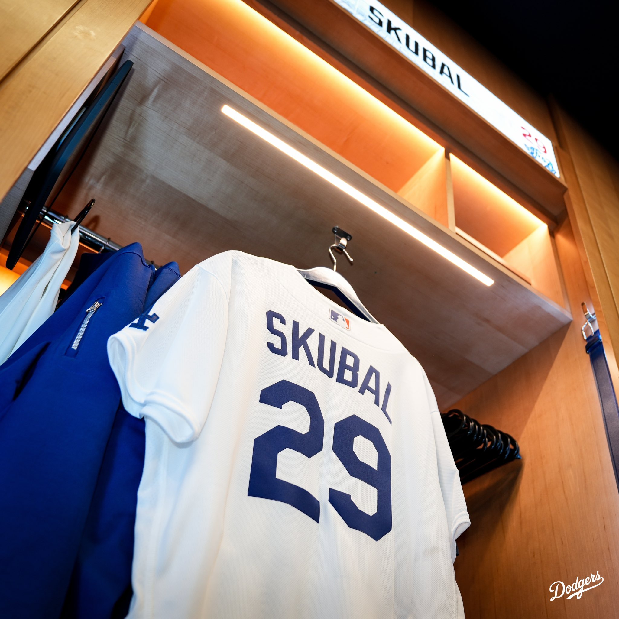 A Skubal jersey hangs in his new Dodger Stadium locker