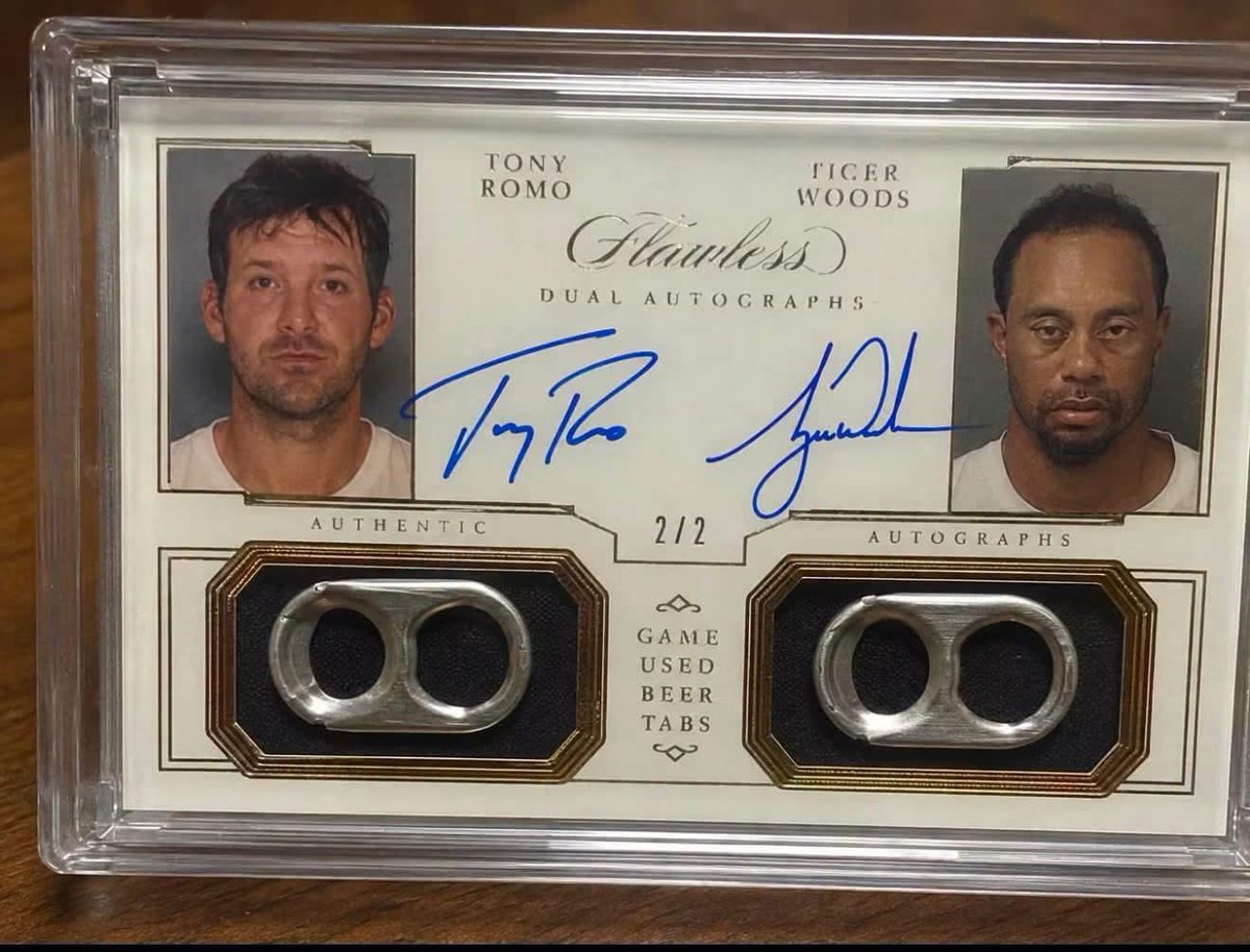 Fake Flawless trading card: Tony Romo and Tiger Woods dual autographs with game used beer tabs