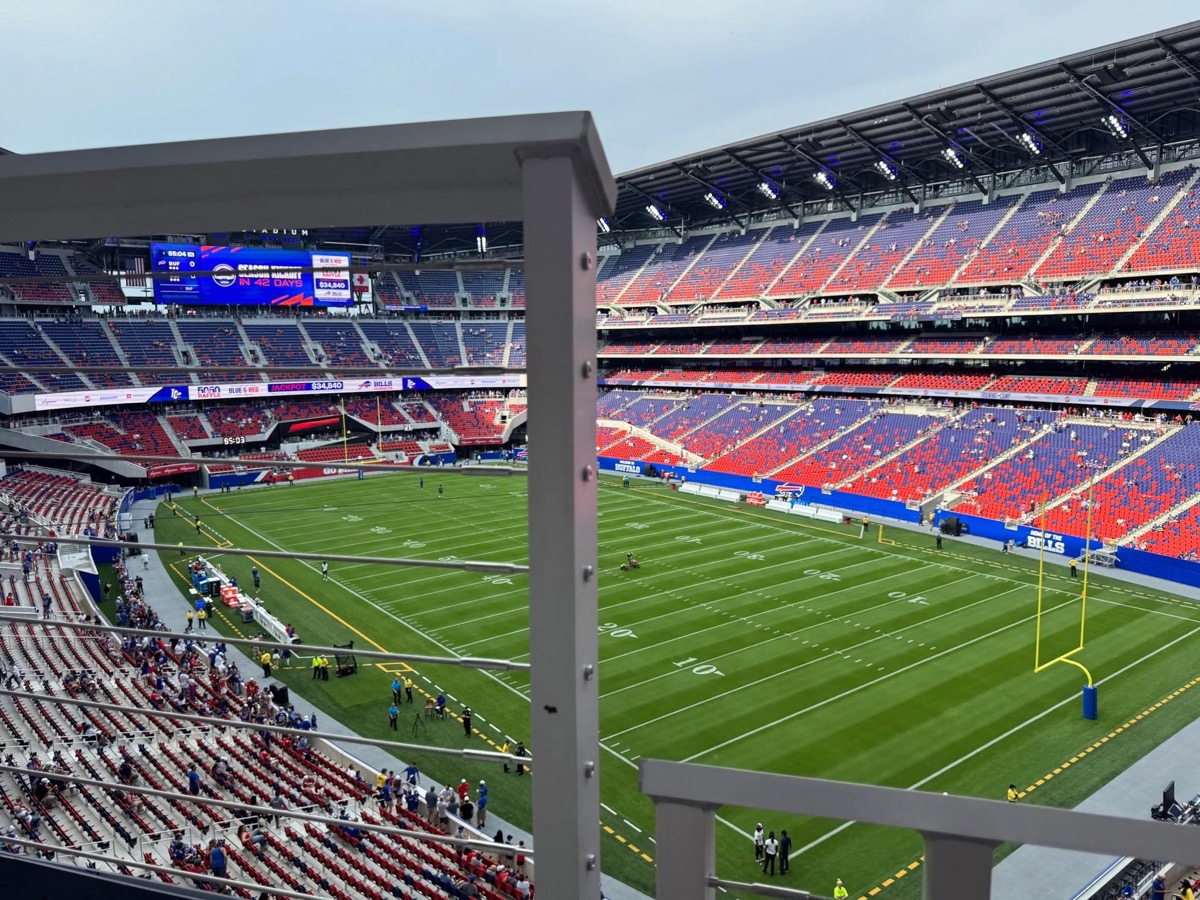 View from a seat at the new Highmark Stadium blocked by a railing post