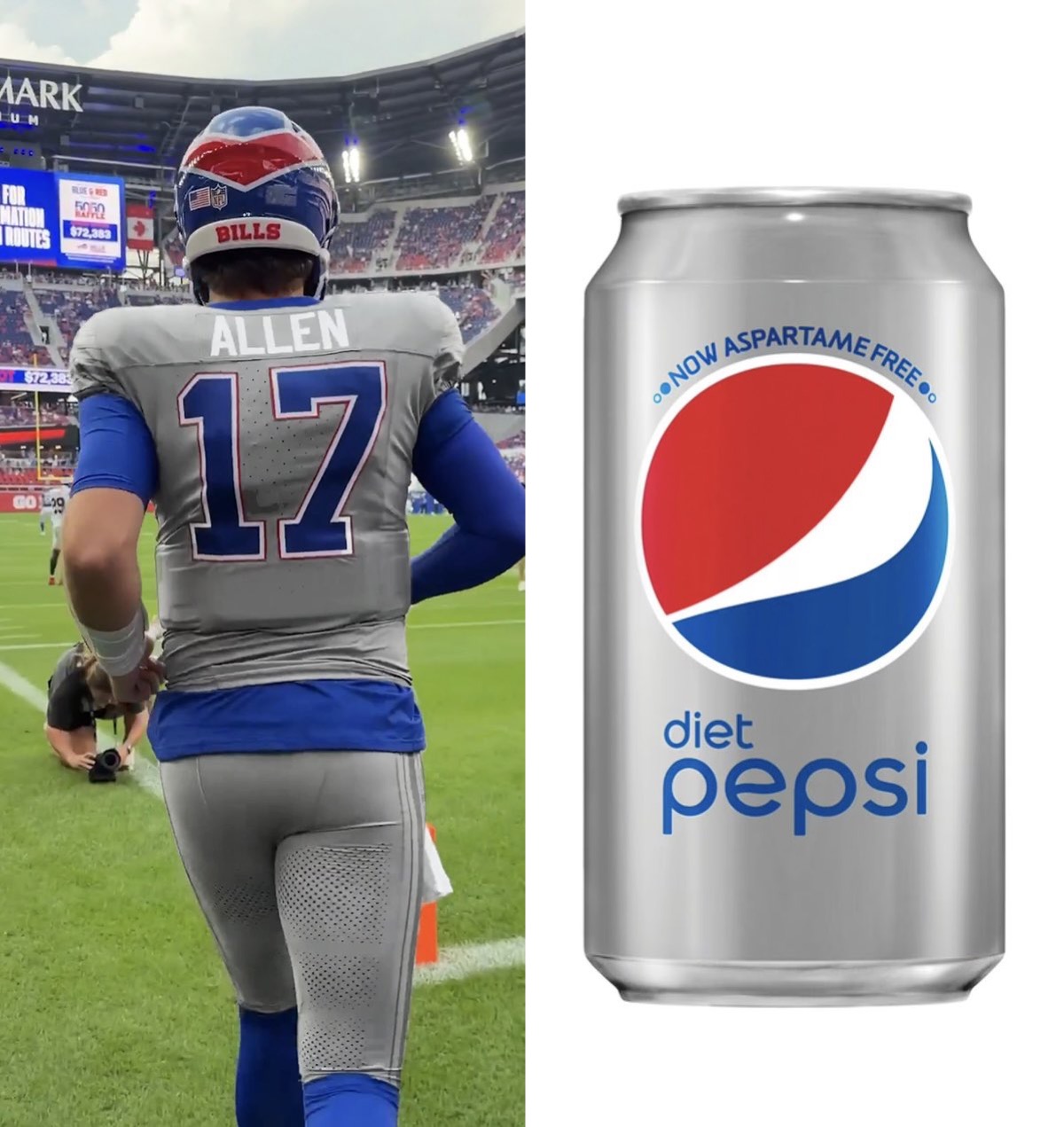Josh Allen in the Bills gray alternate uniform next to a Diet Pepsi can