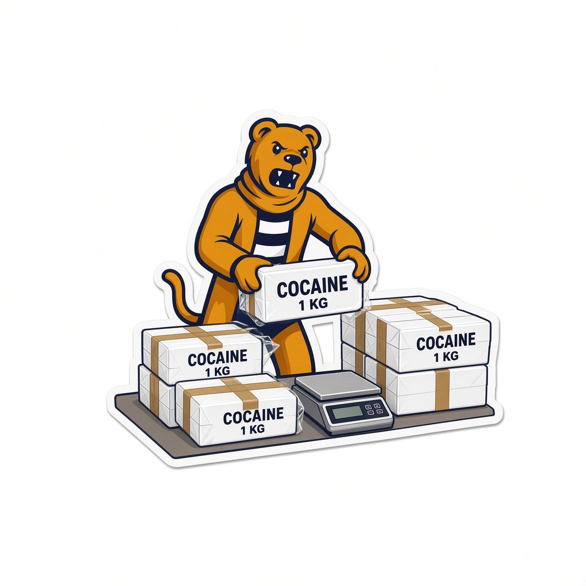 Cartoon Nittany Lion mascot weighing and stacking bricks labeled cocaine 1 kg