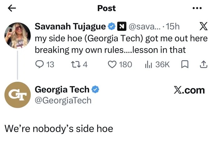 Fan tweet: my side hoe Georgia Tech got me out here breaking my own rules. Official Georgia Tech account reply: We're nobody's side hoe