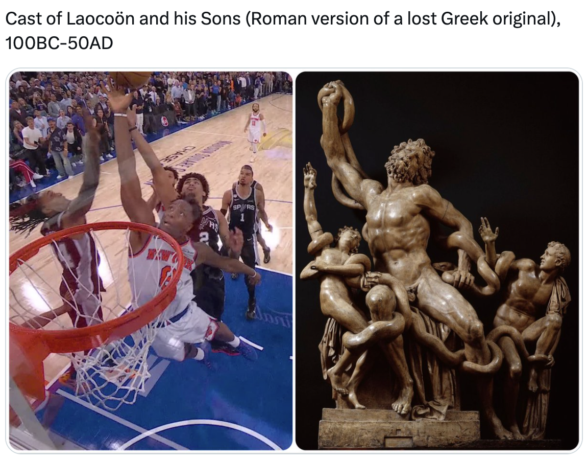 Cast of Laocoon and his Sons next to NBA dunk
