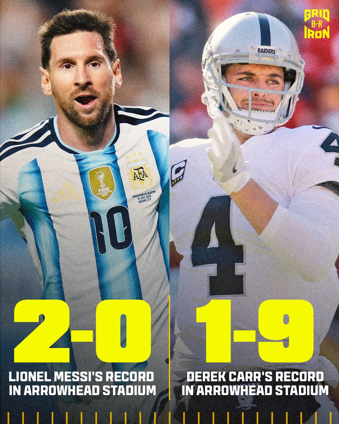 Messi 2-0 vs Derek Carr 1-9 at Arrowhead Stadium