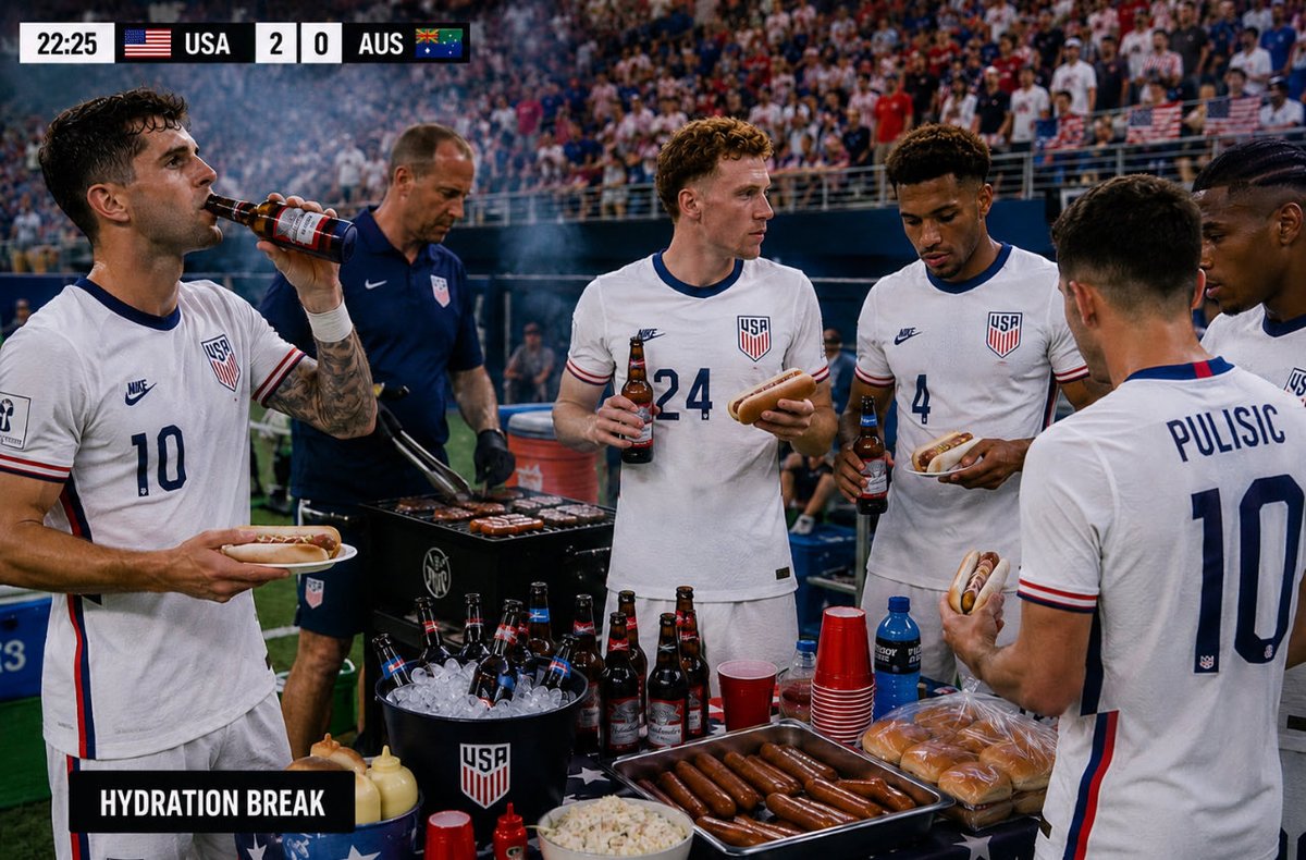 USMNT players eating hot dogs and drinking beer during hydration break