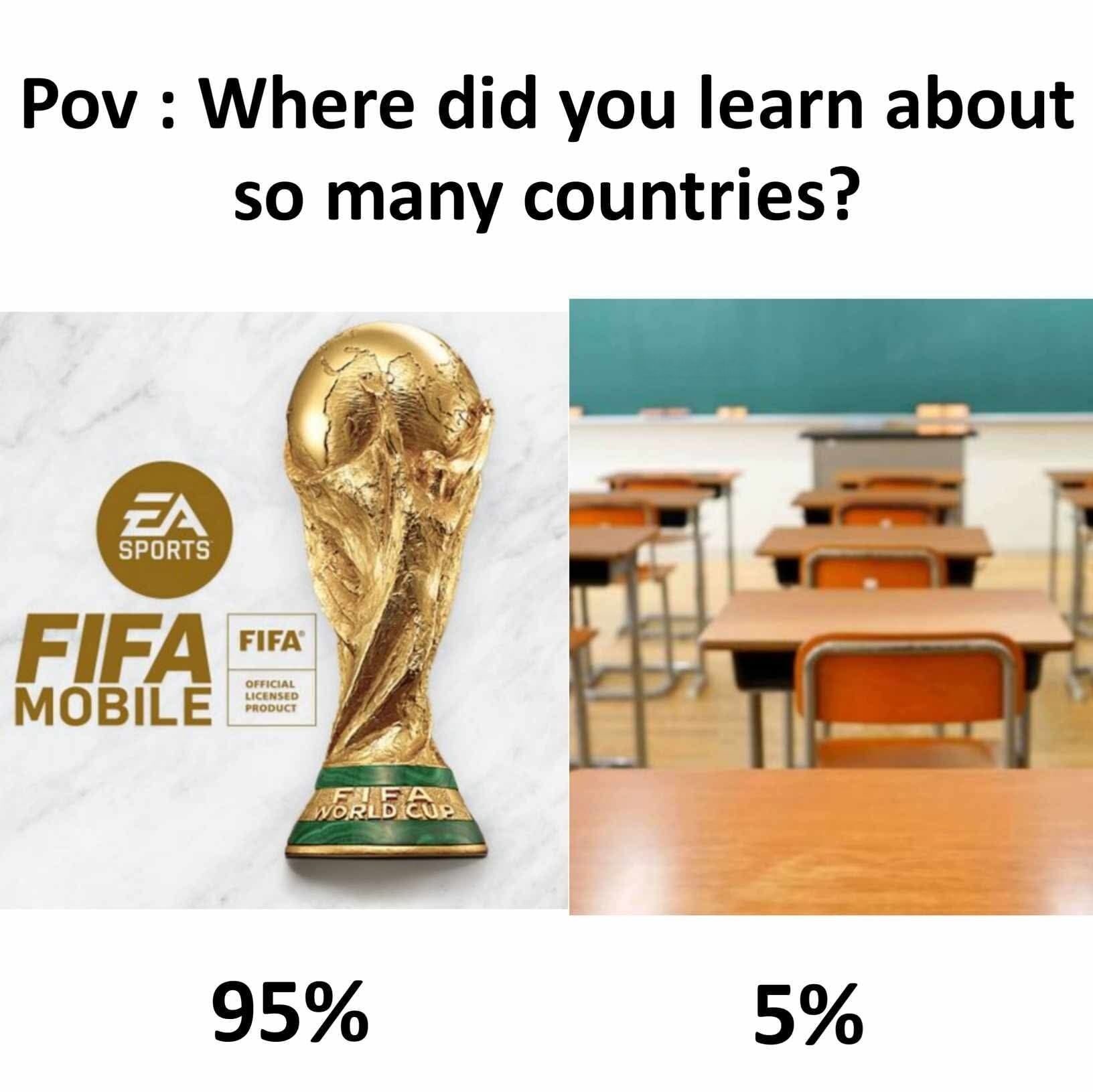 Where did you learn about so many countries - FIFA video game 95 percent, school 5 percent