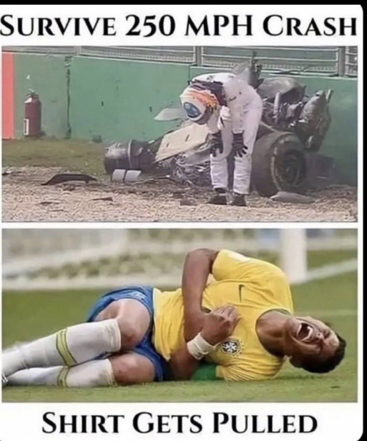F1 driver walks away from 250 mph crash while soccer player writhes from a pulled shirt