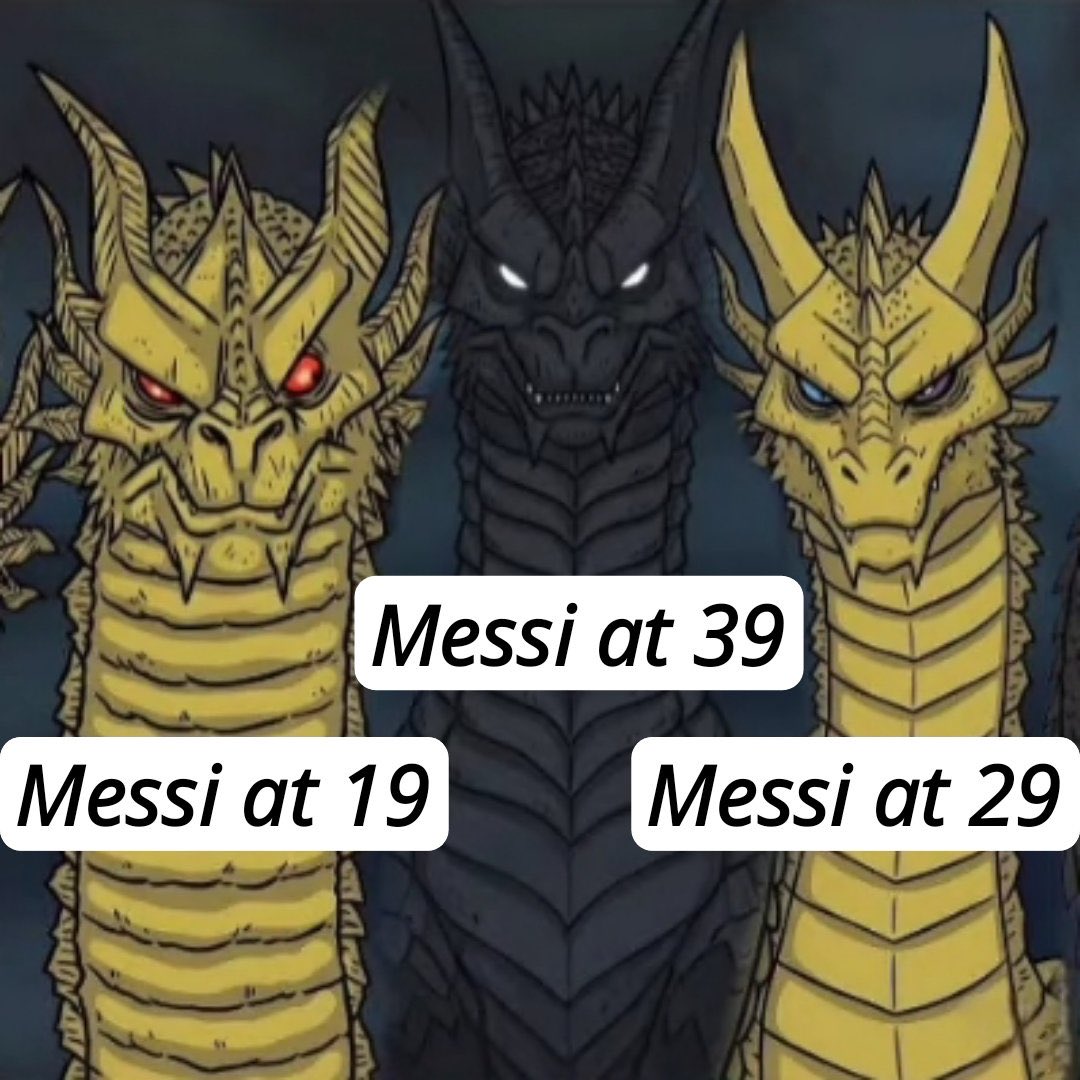 Three-headed dragon meme: Messi at 19, Messi at 29, Messi at 39