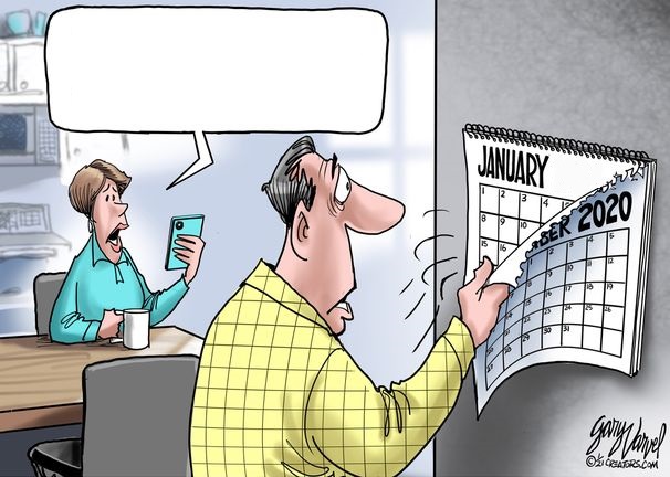 1984 Calendar meme template - An editorial cartoon with a man turning a wall calendar to a new year while a woman behind him reacts with visible alarm, pho