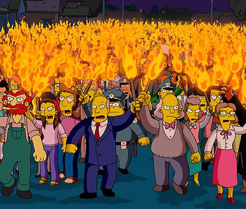 Angry Mob Simpsons meme template - The citizens of Springfield, armed with torches and pitchforks, march forward in collective fury. Chief Wiggum leads the char