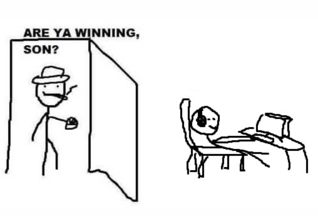 Are Ya Winning Son meme template - A black-and-white stick figure drawing on white paper. Left: a dad in a hat pushes open a door, pipe in mouth. "ARE YA WINNIN