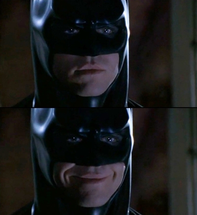 Batman Smiles meme template - Two vertically stacked panels of Batman in full costume and cowl. The top panel catches him with a flat, expressionless face.