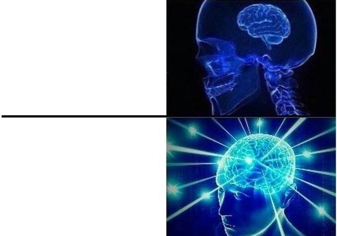 Expanding Brain Two Frames meme template - Two panels stacked vertically. The top shows a basic brain scan on the right with a white text area on the left. The bottom s