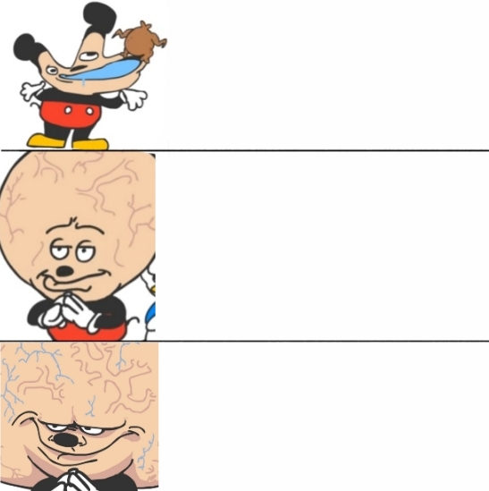 Expanding Brain Mokey meme template - Three panels stacked vertically with Mokey (Sr Pelo's cursed Mickey Mouse parody) on the left and text areas on the right. Th