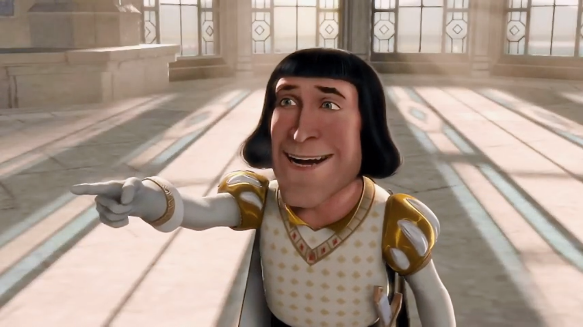 Farquaad Pointing meme template - Lord Farquaad stands in a dramatic wide-angle pointing pose against the cinematic backdrop of his tournament arena, about to