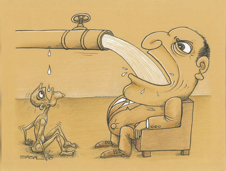 Fat Man Drinking From Pipe meme template - An editorial cartoon in a muted color palette. A large man in a dark suit wraps himself around a pipe, mouth pressed against