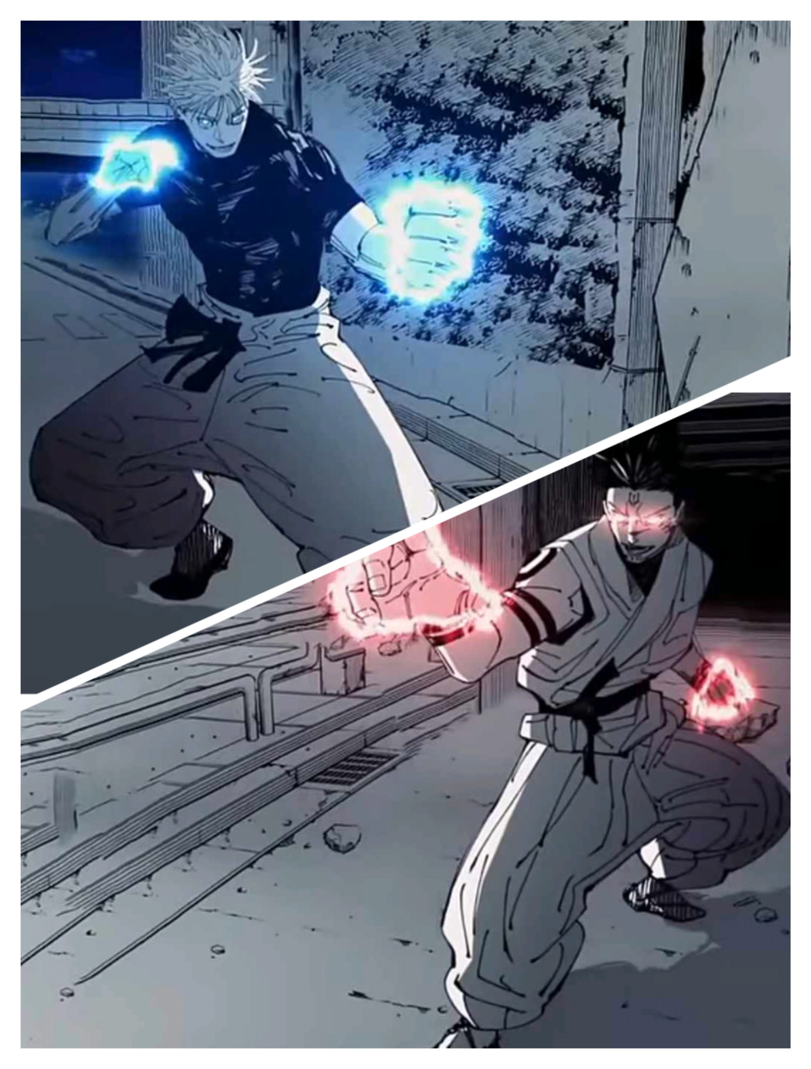 Gojo vs Sukuna meme template - A vertical anime panel from Jujutsu Kaisen. Gojo Satoru with his white hair and blindfold occupies part of the frame. Sukuna,