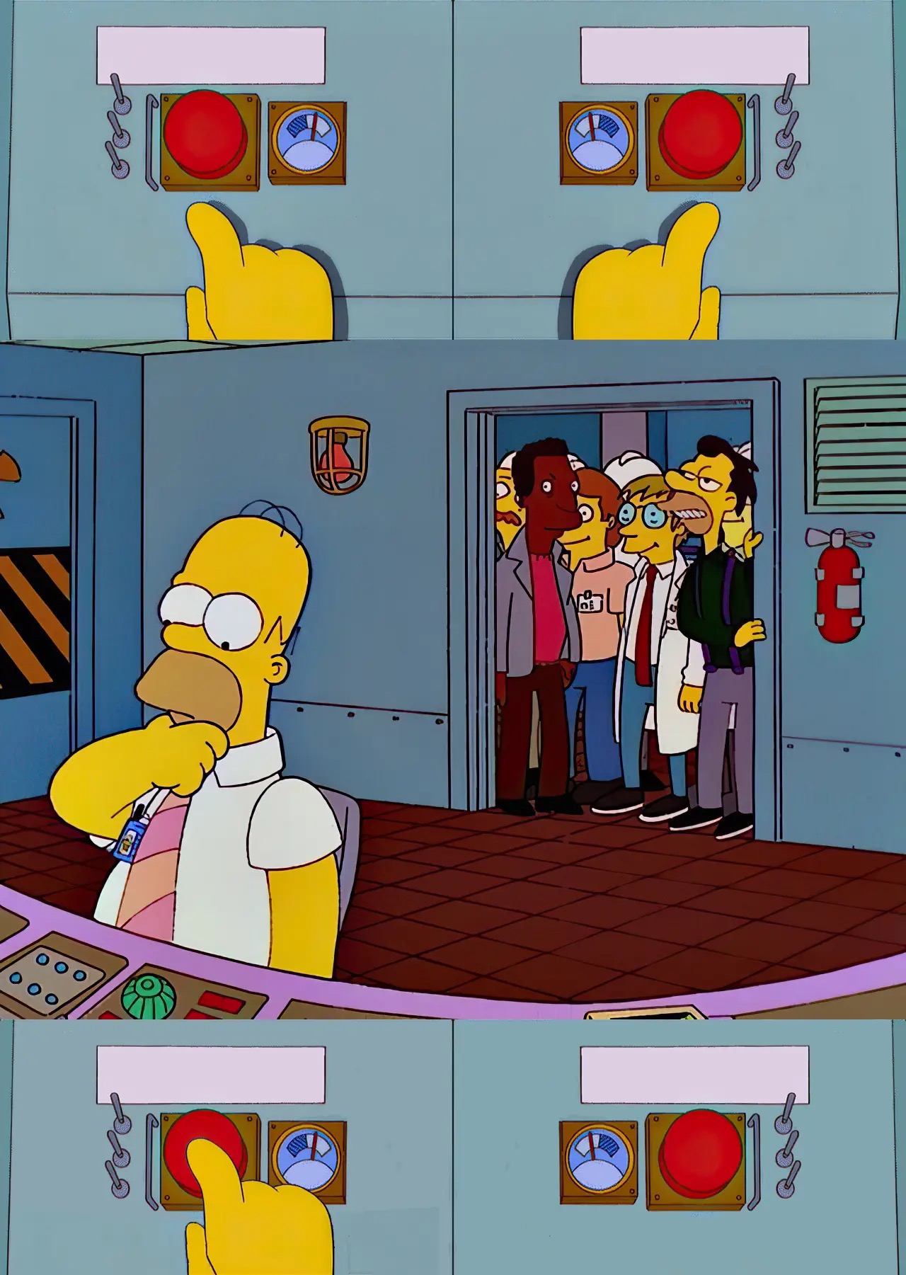 Homer Simpson Two Buttons meme template - Homer Simpson stands at a control panel in the Springfield Nuclear Power Plant, fingers hovering over two big red buttons. Ab
