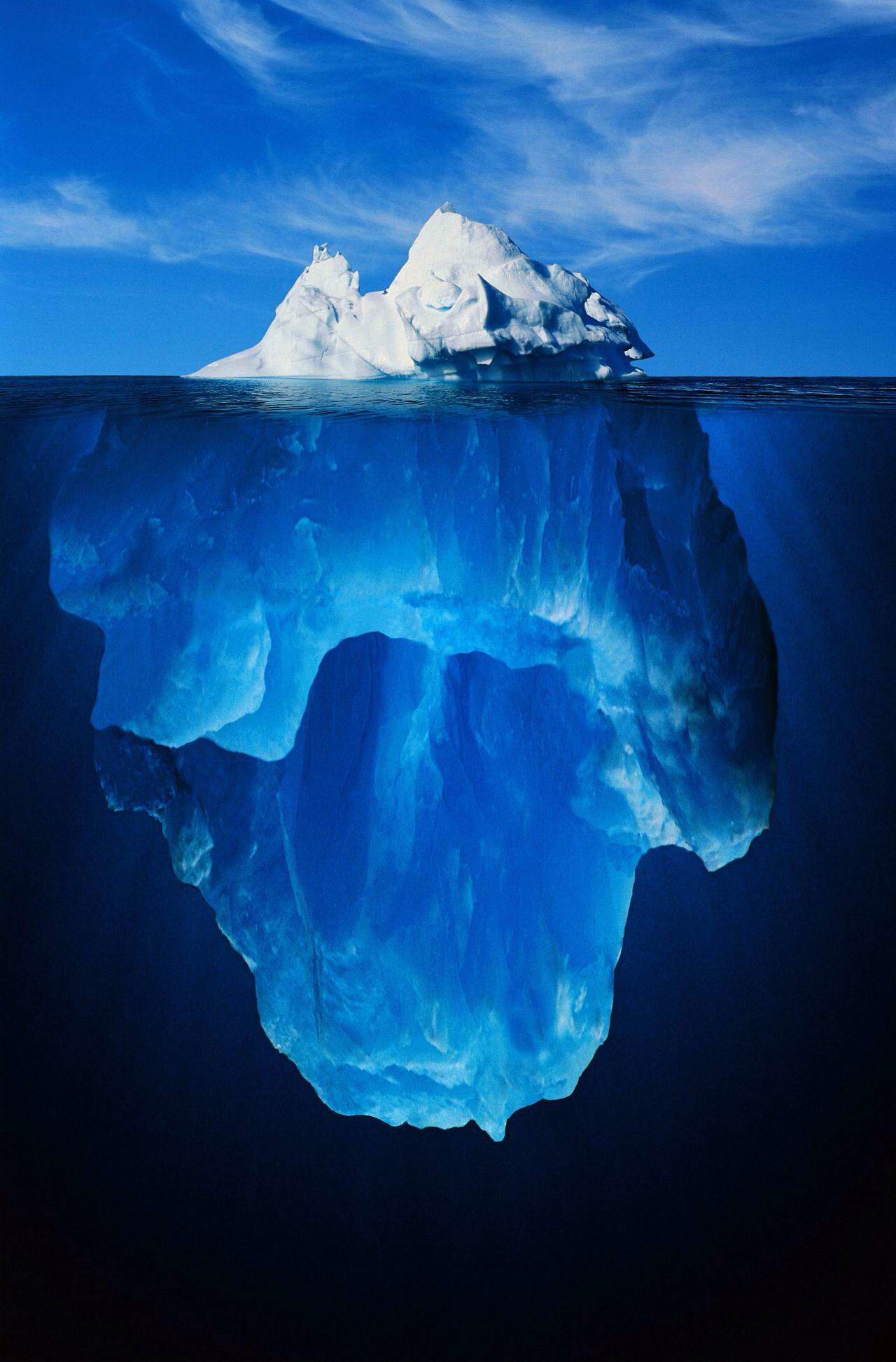 Iceberg meme template - A cross-section photograph that splits the frame at the waterline. Above: a small white peak of ice jutting out against a blu