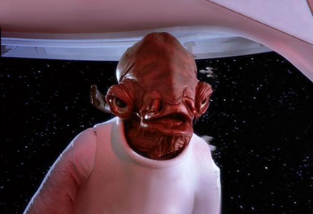 Admiral Ackbar It's a Trap Blank Template meme template - Admiral Ackbar fills the frame in a medium close-up on the bridge of his Rebel cruiser. His reddish-brown Mon Calamari skin c