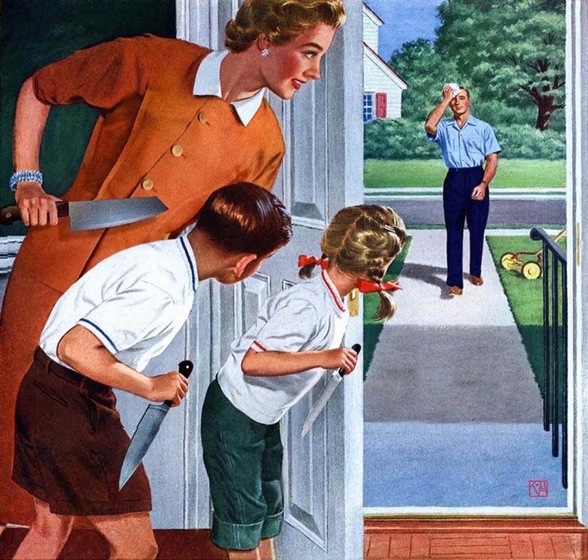 Kids Stabbing Dad Returning Home meme template