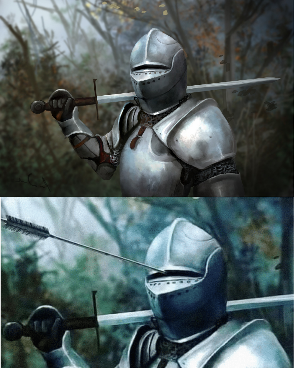 Knight With Arrow In Helmet meme template - Two panels in a dark, misty forest. Top: a knight in full plate armor holds a sword over his shoulder. An arrow protrudes cle