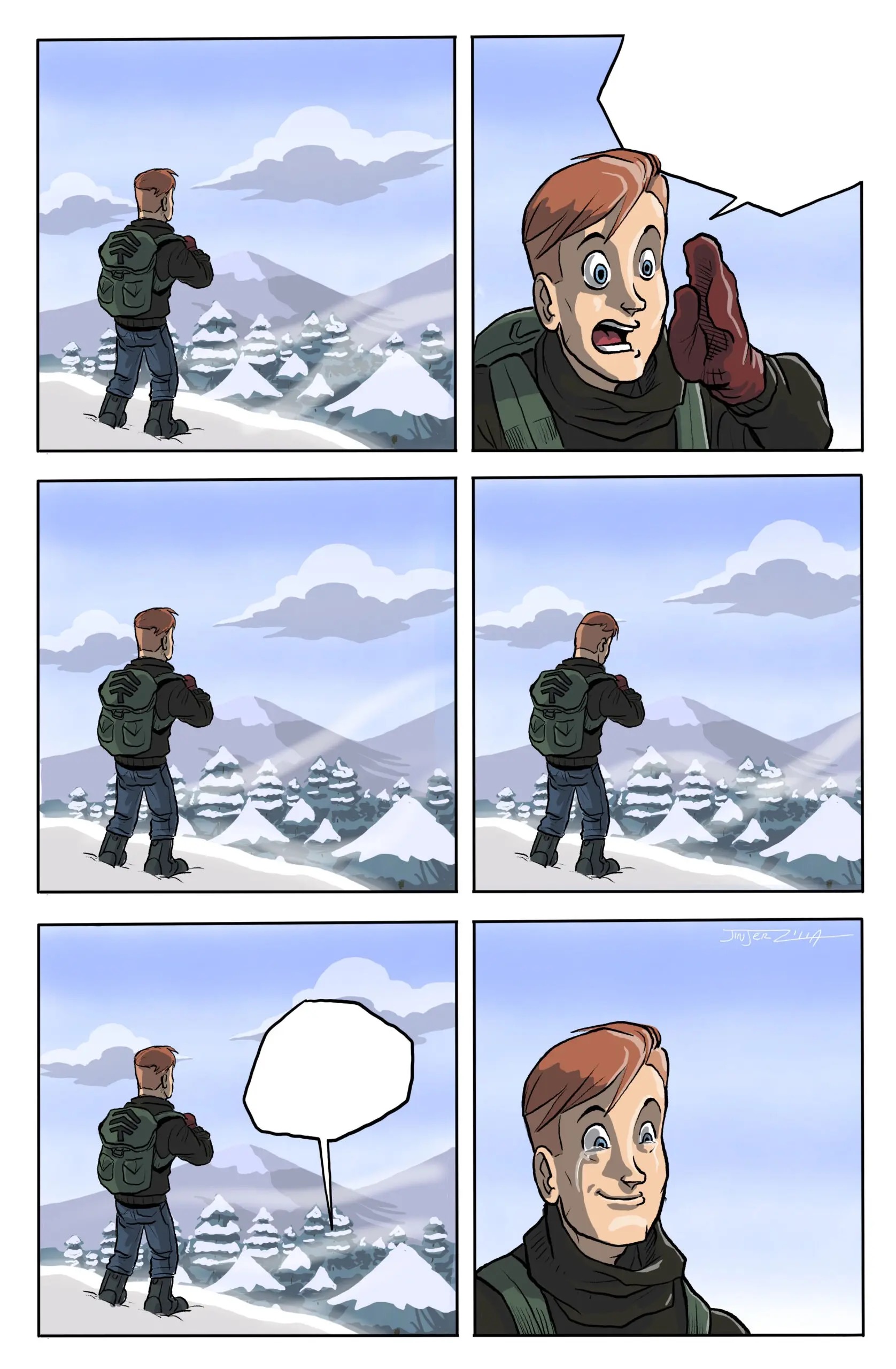 Man Yelling At Mountain meme template - A 6-panel comic by JinjerZilla. A cartoon hiker in a green jacket stands in a snowy mountain landscape. He cups his hands and