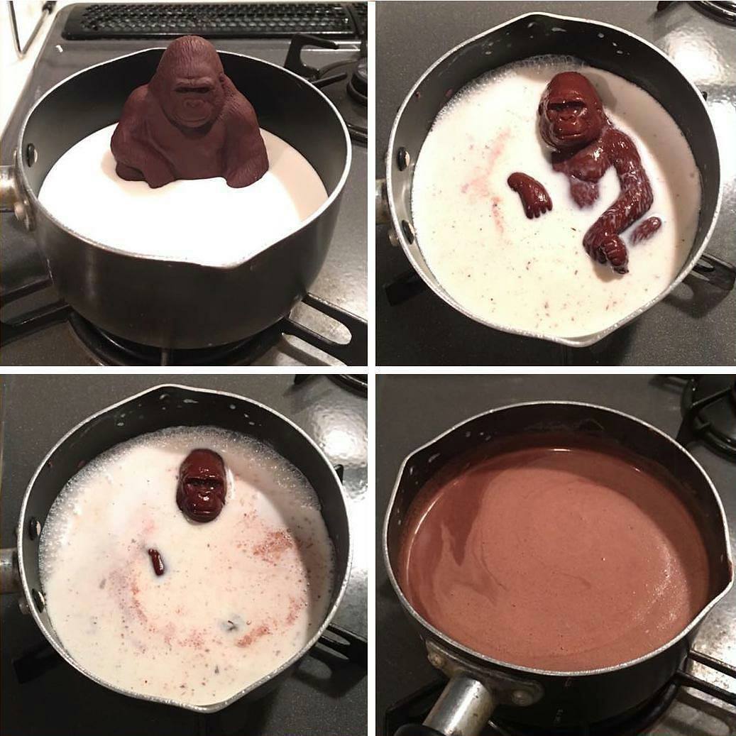 Melting Gorilla meme template - A chocolate gorilla figurine placed in a pot of hot milk, photographed at four stages. Panel 1: the gorilla is completely int