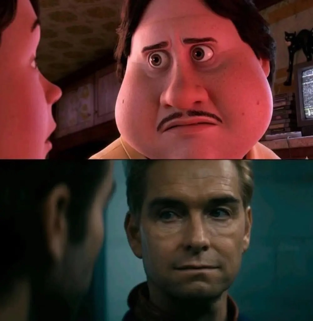 Monster House Shock To Homelander Smirk meme template - Two panels stacked vertically. Top: the father from Monster House, an animated man with a massive round pink head, eyes bulgi
