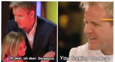 Oh Dear Dear Gorgeous (Gordon Ramsay) meme template - Two side-by-side frames of Gordon Ramsay capture the full range of the man. On the left, he cradles a young MasterChef Junior