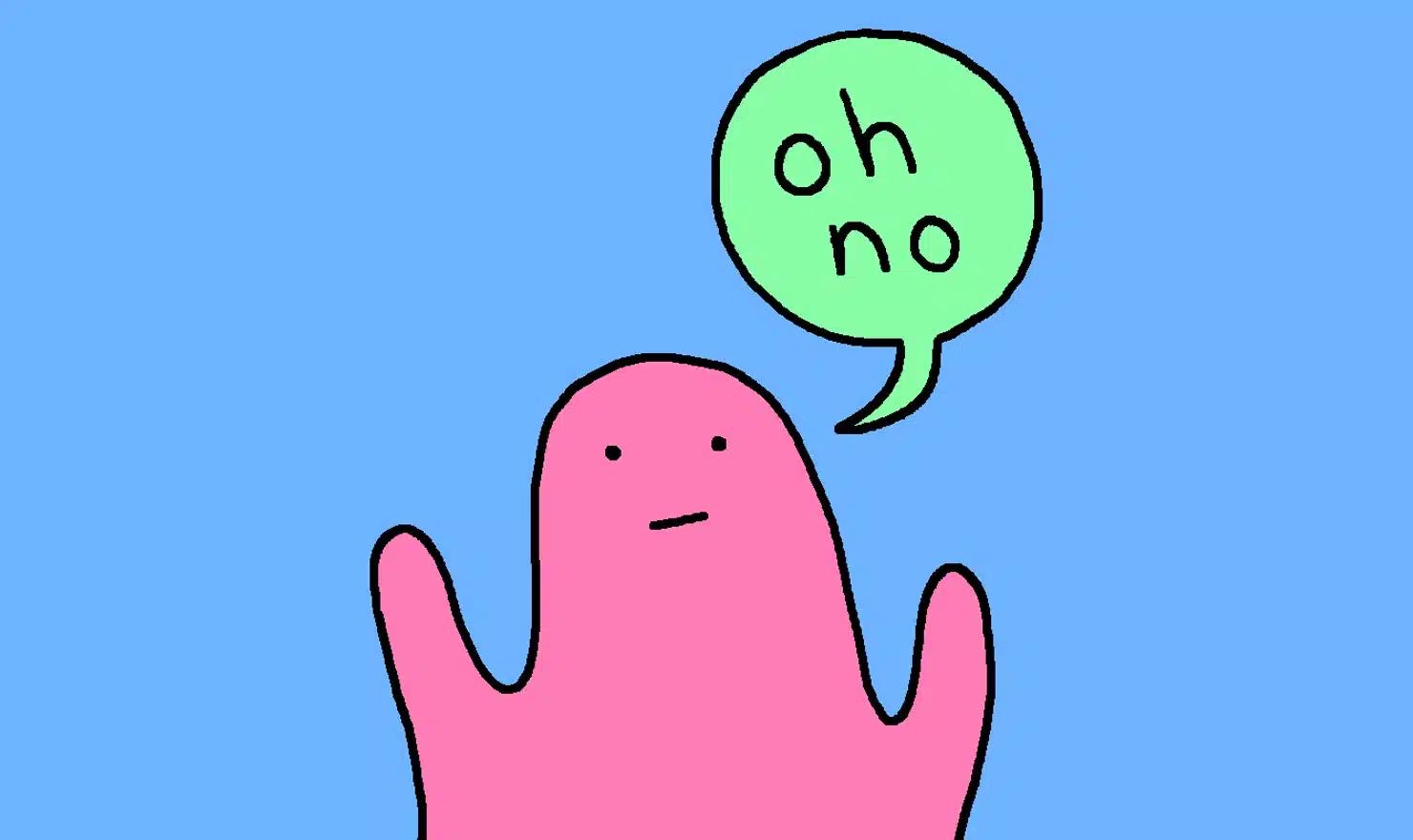 Oh No Pink Ghost meme template - A pink blob-shaped ghost character stands on the right side of the image against a solid blue background. A green speech bubb