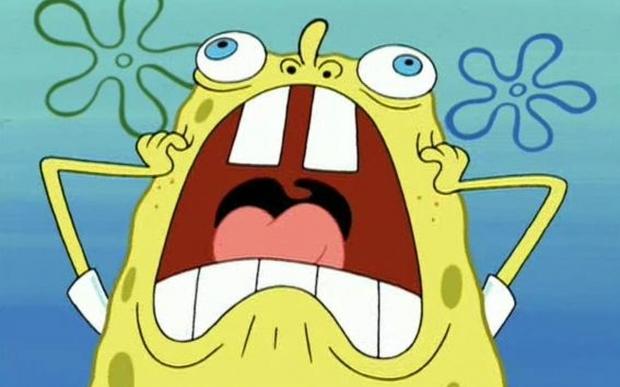 Oh No SpongeBob meme template - SpongeBob SquarePants screaming at full volume, mouth stretched open showing two prominent white teeth, eyes popping out of h