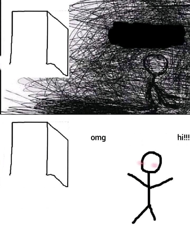 OMG Hi meme template - A hand-drawn two-panel stick figure comic. Top panel: a frantic scribble figure rushing toward a blank space, all chaotic ene