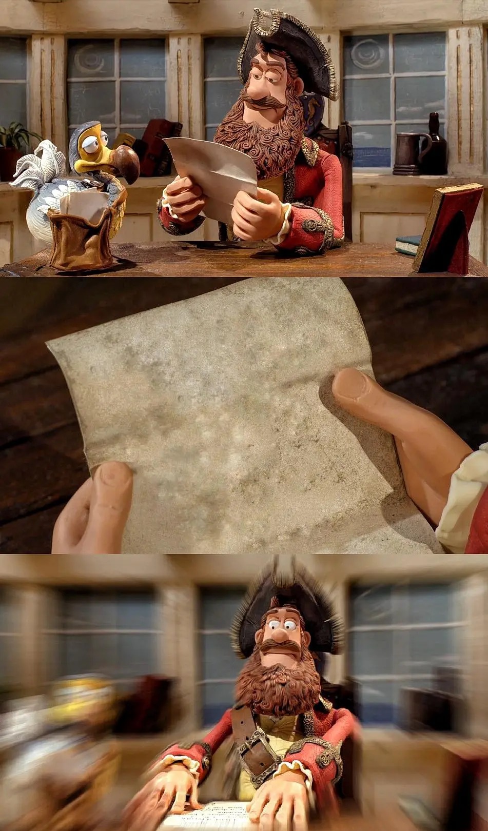 Pirate Captain Mind Blown meme template - A 3-panel sequence from The Pirates! Band of Misfits. Top: the Pirate Captain sits at a desk reading a piece of paper, his do