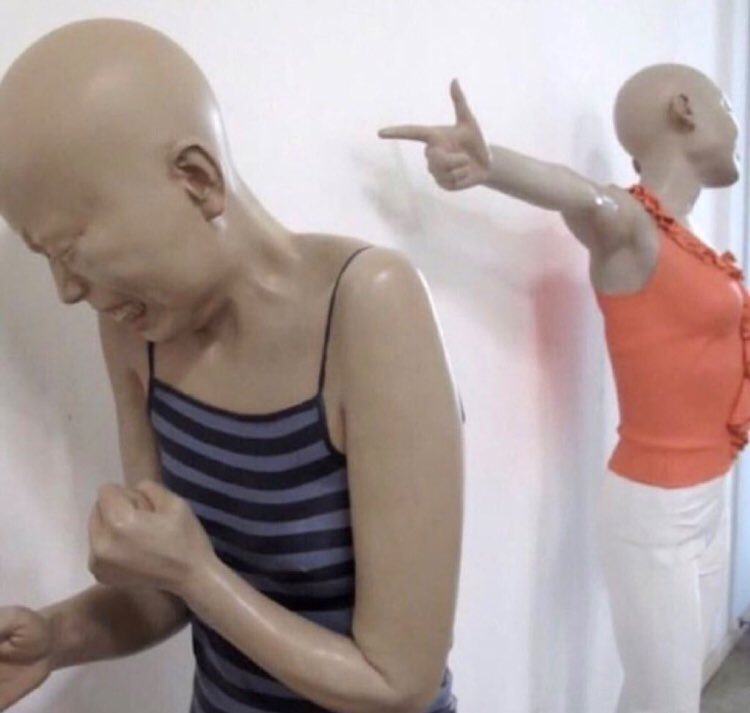 Pointing Mannequin meme template - Two store mannequins in a clothing display appear to be in the middle of a dramatic confrontation. The mannequin on the right