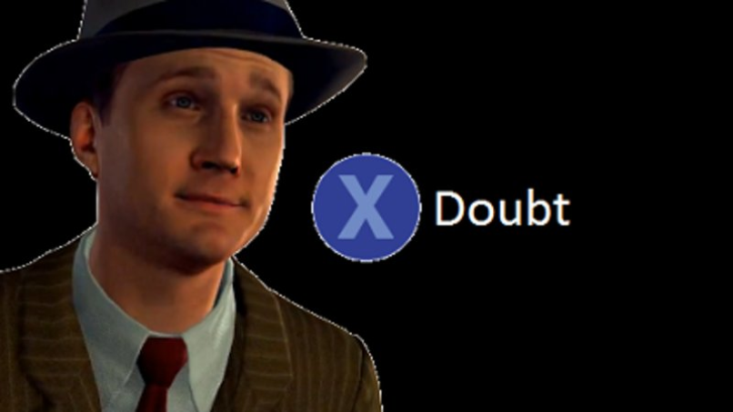 Press X To Doubt meme template - Cole Phelps from L.A. Noire sits on the left side of the frame, wearing a brown pinstripe suit jacket over a light blue shirt
