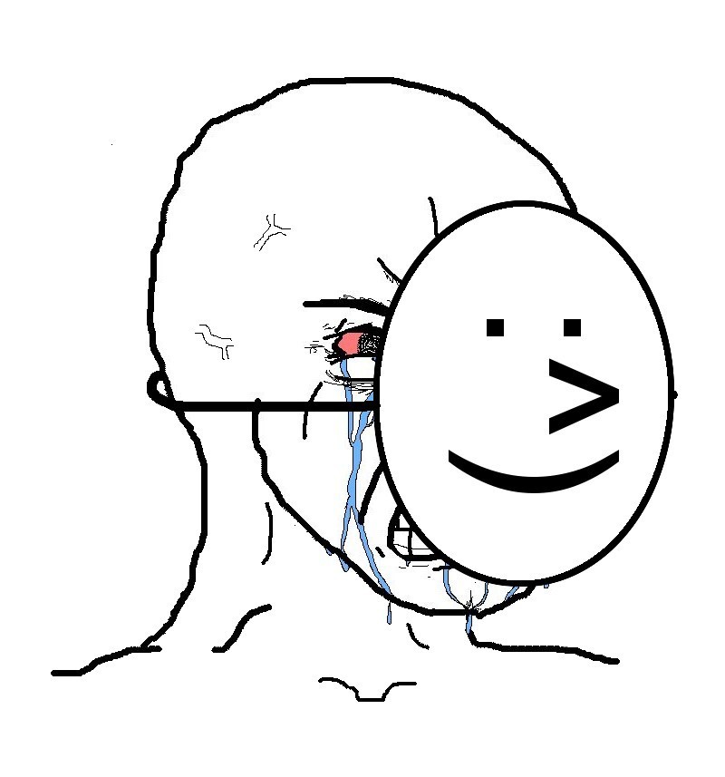 Pretending to Be Happy meme template - A crudely drawn stick figure character with an oversized round head, tears streaming from bloodshot eyes, a quivering mouth,